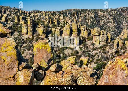 Rhyolith Felsen Zinnen mit Flechten bedeckt, am Massai Point, Chiricahua National Monument, Arizona, USA Stockfoto