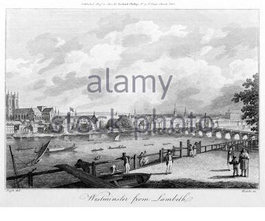 Westminster aus Lambeth, London England, Vintage Illustration von 1804 Stockfoto