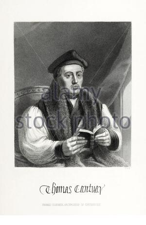 Thomas Cranmer Porträt, 1489 – 1556, war ein Führer der englischen Reformation und Erzbischof von Canterbury während der Regierungszeit von Heinrich VIII, Edward VI und Maria I., Vintage-Illustration von 1863 von einem Original von Hollar Stockfoto