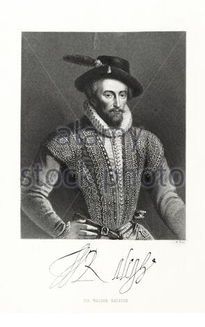 Sir Walter Raleigh Portrait, 1554 – 1618, war ein englischer Landherr, Schriftsteller, Dichter, Soldat, Politiker, Höfling, Spion und Entdecker, Vintage Illustration von 1863 nach einem Original von Hollar. Stockfoto