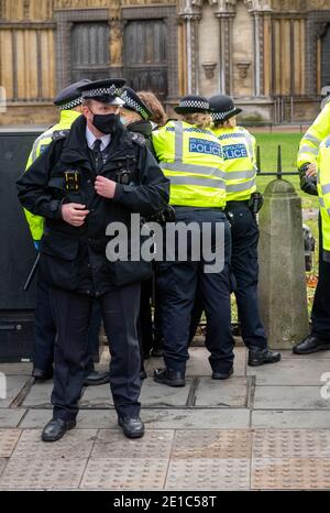 London, Großbritannien. Januar 2021. Kleine Gruppen von Anti-Lockdown-Demonstranten waren zum eintägigen Rückruf des britischen Parlaments auf dem Parliament Square. Metropolitan Polizei verhaftete viele Demonstranten mit den Lockdown-Regeln. Kredit: Ian Davidson/Alamy Live Nachrichten Stockfoto