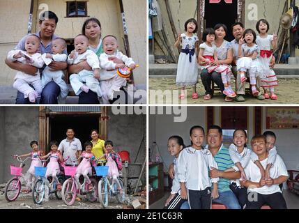 Peking, China. September 2020. Combo Foto zeigt die Familie der Vierbeiner Mädchen posiert für Gruppenfotos in ihrem alten Haus am 14. September 2011 (L, up) und am 25. Mai 2016 (R, up) und in ihrem neuen Haus am 7. September 2017 (L, down) und am 10. September 2020 (R, down) Im Dorf Shangbao in der Stadt Ganzhou, ostchinesische Provinz Jiangxi. Quelle: Wan Xiang/Xinhua/Alamy Live News Stockfoto