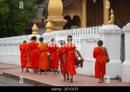 Buddhistische Mönche am Morgen traditionelle Almosen geben in Luang Prabang, Laos. Stockfoto