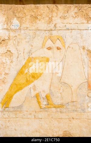 Ägypten, Luxor, Westjordanland, Reliefs am Tempel der Hatschepsut Stockfoto