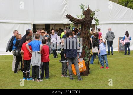 Alloway, Ayrshire, Schottland, Großbritannien, das jährliche Burns an A That Festival . Eine kostenlose Veranstaltung, die vom South Ayrshire Council organisiert wird, um den einheimischen schottischen Dichter Robert Burns zu feiern. Das Festival bietet verschiedene Veranstaltungen von Live-Musik, Wohltätigkeitsstand, Kostümkleid, kostümierte Charaktere, Entertainer, Buskersfun für Erwachsene und Kinder gleichermaßen. Ein Mann, wie ein Baum gekleidet, nähert sich einer Gruppe von Frauen Stockfoto