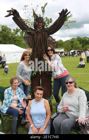 Alloway, Ayrshire, Schottland, Großbritannien, das jährliche Burns an A That Festival . Eine kostenlose Veranstaltung, die vom South Ayrshire Council organisiert wird, um den einheimischen schottischen Dichter Robert Burns zu feiern. Das Festival bietet verschiedene Veranstaltungen von Live-Musik, Wohltätigkeitsstand, Kostümkleid, kostümierte Charaktere, Entertainer, Buskersfun für Erwachsene und Kinder gleichermaßen. Ein Mann, wie ein Baum gekleidet, nähert sich einer Gruppe von Frauen Stockfoto