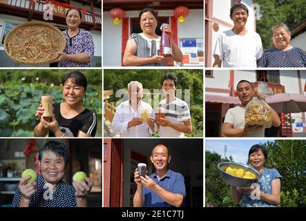 Peking, China. Juli 2020. Combo-Foto vom 15. Juli 2020 zeigt das Lächeln der Dorfbewohner im Dorf Shenshan in Jinggangshan, der ostchinesischen Provinz Jiangxi. Die lokalen Behörden unterstützen die Armutsbekämpfung und den ländlichen Tourismus, um das Einkommen der Dorfbewohner zu erhöhen. Das Dorf wurde 2017 aus der Armut befreit. Quelle: Peng Zhaozhi/Xinhua/Alamy Live News Stockfoto