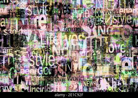 Abstrakte Grunge urban helle Farben chaotisches Muster mit Worten, Buchstaben. Alt gealterte Zeitung, Magazin Texture Papier Hintergrund. Beige farbenfroh hell Stockfoto