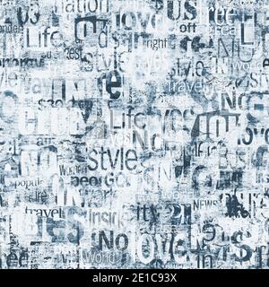 Abstrakte Grunge städtischen Wörter, Buchstaben nahtlose Muster. Alte Zeitung, Zeitschrift texturierten Papier Hintergrund. Blau weiß Collage wiederholende Textur. Drucken Stockfoto