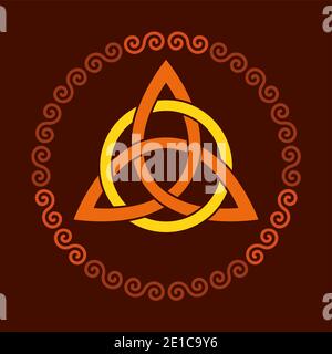 Farbige Triquetra mit Kreis, innerhalb eines kreisförmigen Spiralrahmens. Dreieckiger keltischer Knoten, eine Figur, die in der antiken christlichen Ornamentik verwendet wird. Stockfoto