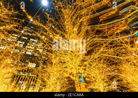 Beleuchtete Weihnachtsbäume umgeben das Schiff in Hudson Yards. Stockfoto