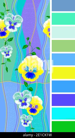 Elegantes florales Frühlingsmuster aus stilisierten Blumen von Stiefmütterchen und welligen Linien auf blauem Hintergrund. Horizontal wiederholendes Muster mit Stiefmütterchen auf einer Farbe Stockfoto