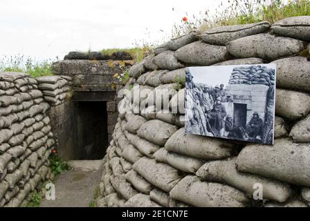 Der „Graben des Todes“ ist ein erhaltener Abschnitt der militärischen Schützengräben des Ersten Weltkriegs in Diksmuide, Belgien. Stockfoto