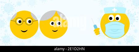 Senior emoji mit medizinischen emoji in Gesichtsmaske mit Impfstoff in Spritze geimpft, Grippe covid 19 medizinische Impfung Konzept Banner Überschrift Stockfoto