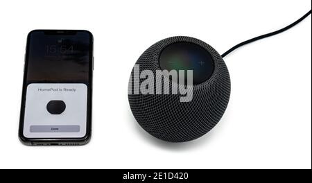 Ein schwarzer Apple HomePod Mini Smart Speaker wird mit einem Apple iPhone 12 eingerichtet, Studioaufnahme mit Schatten auf einem klaren weißen Hintergrund. Stockfoto