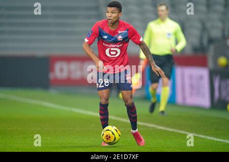 LILLE, FRANKREICH - 6. JANUAR: Reinildo von Lille OSC während des Ligue 1 Spiels zwischen Lille OSC und Angers SCO im Stade Pierre Mauroy am 6. Januar 2021 in Lille, Frankreich (Foto von Jeroen Meuwsen/BSR Agency/Alamy Live News)*** Lokale Bildunterschrift *** Reinildo Stockfoto