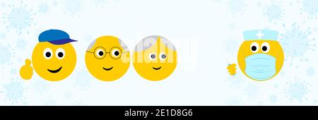 Daumen hoch und Senior Emoji mit medizinischen Emoji in Gesichtsmaske mit Impfstoff in Spritze, Grippe covid geimpft 19 medizinische Impfung Konzept Banner Stockfoto