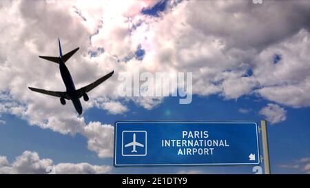 Flugzeug Silhouette Landung in Paris Frankreich. City Ankunft mit internationalen Flughafen Richtung Schild und blauen Himmel im Hintergrund. Reisen, Reisen und Stockfoto