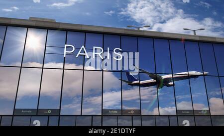 Jet-Flugzeuge landen in Paris Frankreich 3D-Rendering-Illustration. Ankunft in der Stadt mit dem Glas Flughafen Terminal und Reflexion des Flugzeugs. Trave Stockfoto