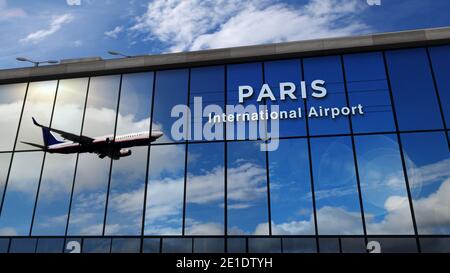 Jet-Flugzeuge landen in Paris Frankreich 3D-Rendering-Illustration. Ankunft in der Stadt mit dem Glas Flughafen Terminal und Reflexion des Flugzeugs. Trave Stockfoto