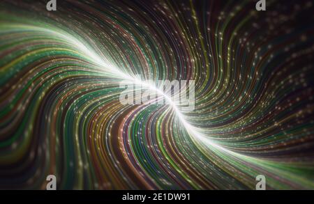 Abstrakter Hintergrund von farbigen Linien mit leuchtenden Punkten. 3D-Illustration. Stockfoto