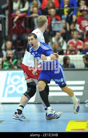 Der französische Michael Guigou in Aktion. Frankreich gewann das Handball-Endspiel der Männer 2011, Frankreich gegen Dänemark in der Malmo Arena in Malmo, Schweden am 30. Januar 2011. Frankreich besiegt Dänemark 37-35. Foto von Nicolas Gouhier/ABACAPRESS.COM Stockfoto