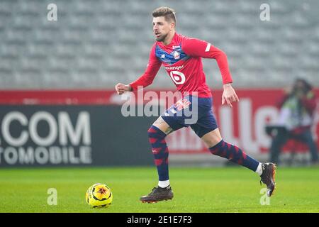 LILLE, FRANKREICH - 6. JANUAR: Xeka von Lille OSC während des Ligue 1 Spiels zwischen Lille OSC und Angers SCO im Stade Pierre Mauroy am 6. Januar 2021 in Lille, Frankreich (Foto von Jeroen Meuwsen/BSR Agency/Alamy Live News)*** Lokale Bildunterschrift *** Xeka Stockfoto