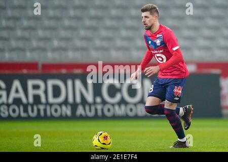 LILLE, FRANKREICH - 6. JANUAR: Xeka von Lille OSC während des Ligue 1 Spiels zwischen Lille OSC und Angers SCO im Stade Pierre Mauroy am 6. Januar 2021 in Lille, Frankreich (Foto von Jeroen Meuwsen/BSR Agency/Alamy Live News)*** Lokale Bildunterschrift *** Xeka Stockfoto