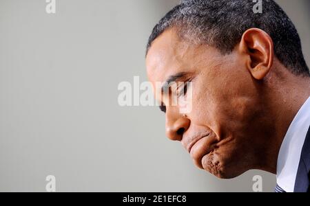 US-Präsident Barack Obama hält eine Pressekonferenz im South Court Auditorium am 15. Februar 2011 im Weißen Haus in Washington, DC, USA. Foto von Olivier Douliery/ABACAPRESS.COM Stockfoto