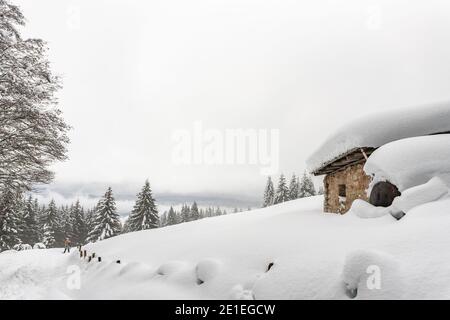 Winterlandschaft in Altopiano di Asiago nach starkem Schnee Sturm Stockfoto