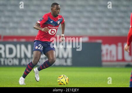 LILLE, FRANKREICH - 6. JANUAR: Boubakary Soumare von Lille OSC während des Ligue 1 Spiels zwischen Lille OSC und Angers SCO im Stade Pierre Mauroy am 6. Januar 2021 in Lille, Frankreich (Foto von Jeroen Meuwsen/BSR Agency/Alamy Live News)*** Local Caption *** Boubakary Soumare Stockfoto