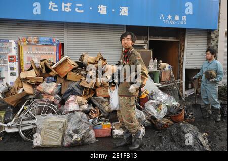 Ansichten der beschädigten Stadt Miyako, Präfektur Iwate in Japan am 13. März 2011 nach dem größten Erdbeben in der Geschichte Japans, gefolgt von einem Tsunami. Foto von Thierry Orban/ABACAPRESS.COM Stockfoto