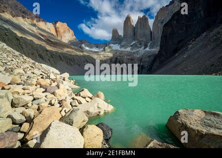 Aussichtspunkt Las Torres, Nationalpark Torres del Paine, Patagonien, Chile Stockfoto