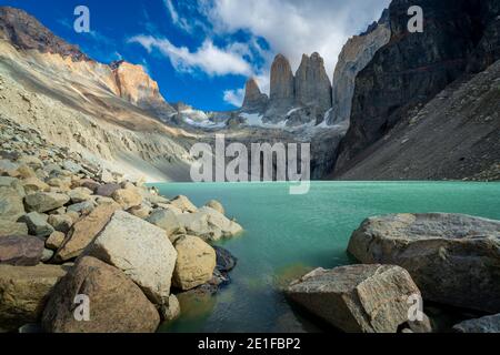 Aussichtspunkt Las Torres, Nationalpark Torres del Paine, Patagonien, Chile Stockfoto