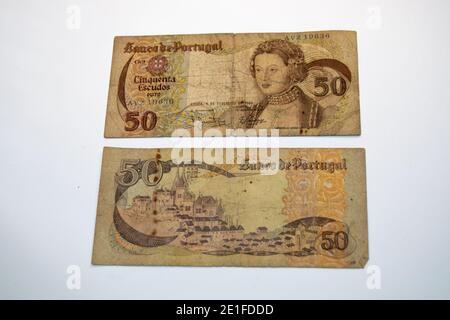 Alte portugiesische Banknoten, alte Geldscheine vor dem europäischen Wirtschaftseintritt Stockfoto