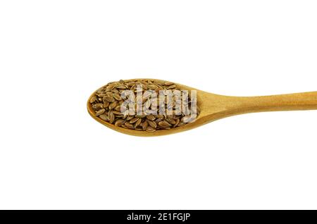 Organisches Leinsamen oder Leinsamen (Linum usitatissimum) In einem Holzlöffel isoliert auf weiß Stockfoto