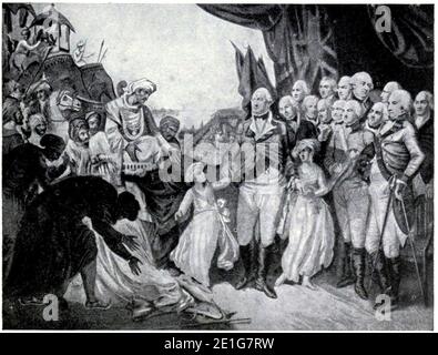 Lord Cornwallis empfängt die Söhne von Tipu Sulta als Geiseln, 1792. Stockfoto