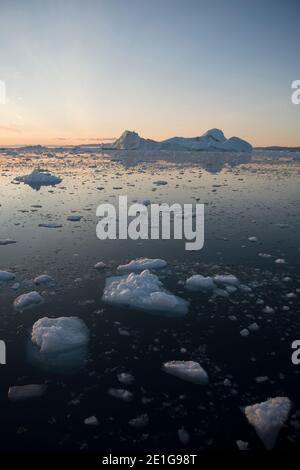 Eisberge vor dem Sermermiut-Gletscher, später Abend, Ilulissat, Grönland Stockfoto