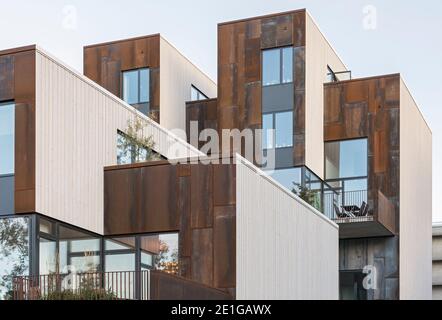 Zenhusen (die Zen-Häuser) nachhaltige Stadthäuser, Stockholm, Schweden. Stockfoto