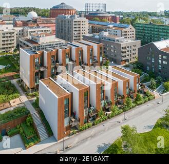 Luftaufnahme von Zenhusen (die Zen-Häuser) nachhaltigen Stadthäusern, Stockholm, Schweden. Stockfoto