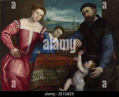 Lorenzo Lotto - Porträt von Giovanni della Volta mit seinem Frau und Kinder Stockfoto