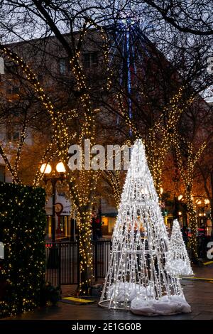 WA19018-00...WASHINGTON - Helle und bunte Lichter im Westlake Park in Form von Bäumen für die Winterfeier in der Innenstadt von Seattle angeordnet. Stockfoto