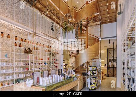 Innenansicht der hellen und luftigen Holistic Molecure Pharmacy in Taichung, Taiwan. Stockfoto