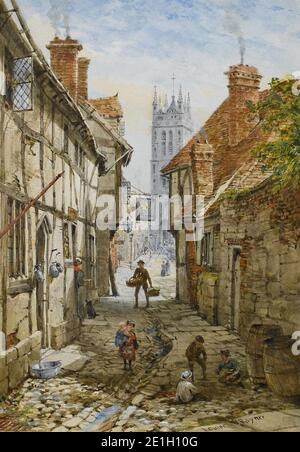 Louise Rayner Warwick St Mary's Church von der Church Street. Stockfoto