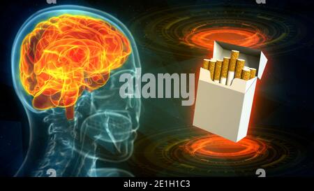 Medizinische 3D-Illustration - Röntgenbild des menschlichen Kopfes mit Hervorhebung Gehirn und Zigarettenpackung - Schädigung des Gehirns des Rauchens Konzept Stockfoto