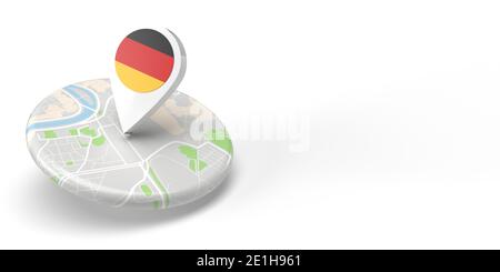 Ein 3D-gerenderter Locator für Länderkarten, der auf ein Ziel auf einer flachen, abgerundeten kleinen Karte zeigt. Das Symbol hat die deutsche Flagge. Die Abbildung ist isoliert Stockfoto