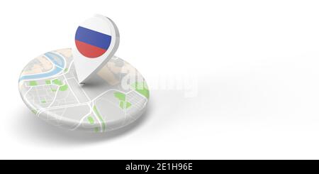 Ein 3D-gerenderter Locator für Länderkarten, der auf ein Ziel auf einer flachen, abgerundeten kleinen Karte zeigt. Das Symbol hat die russische Flagge. Die Abbildung ist isoliert Stockfoto