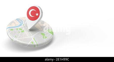 Ein 3D-gerenderter Locator für Länderkarten, der auf ein Ziel auf einer flachen, abgerundeten kleinen Karte zeigt. Das Symbol hat die türkische Flagge. Die Abbildung ist isoliert Stockfoto