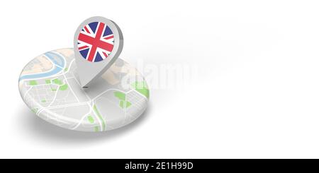 Ein 3D-gerenderter Locator für Länderkarten, der auf ein Ziel auf einer flachen, abgerundeten kleinen Karte zeigt. Das Symbol hat den British Union Jack. Die Abbildung Stockfoto