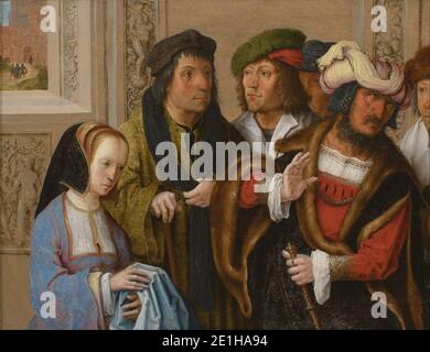 Lucas van Leyden - Potiphars Frau zeigt Josephs Kleidung Stockfoto